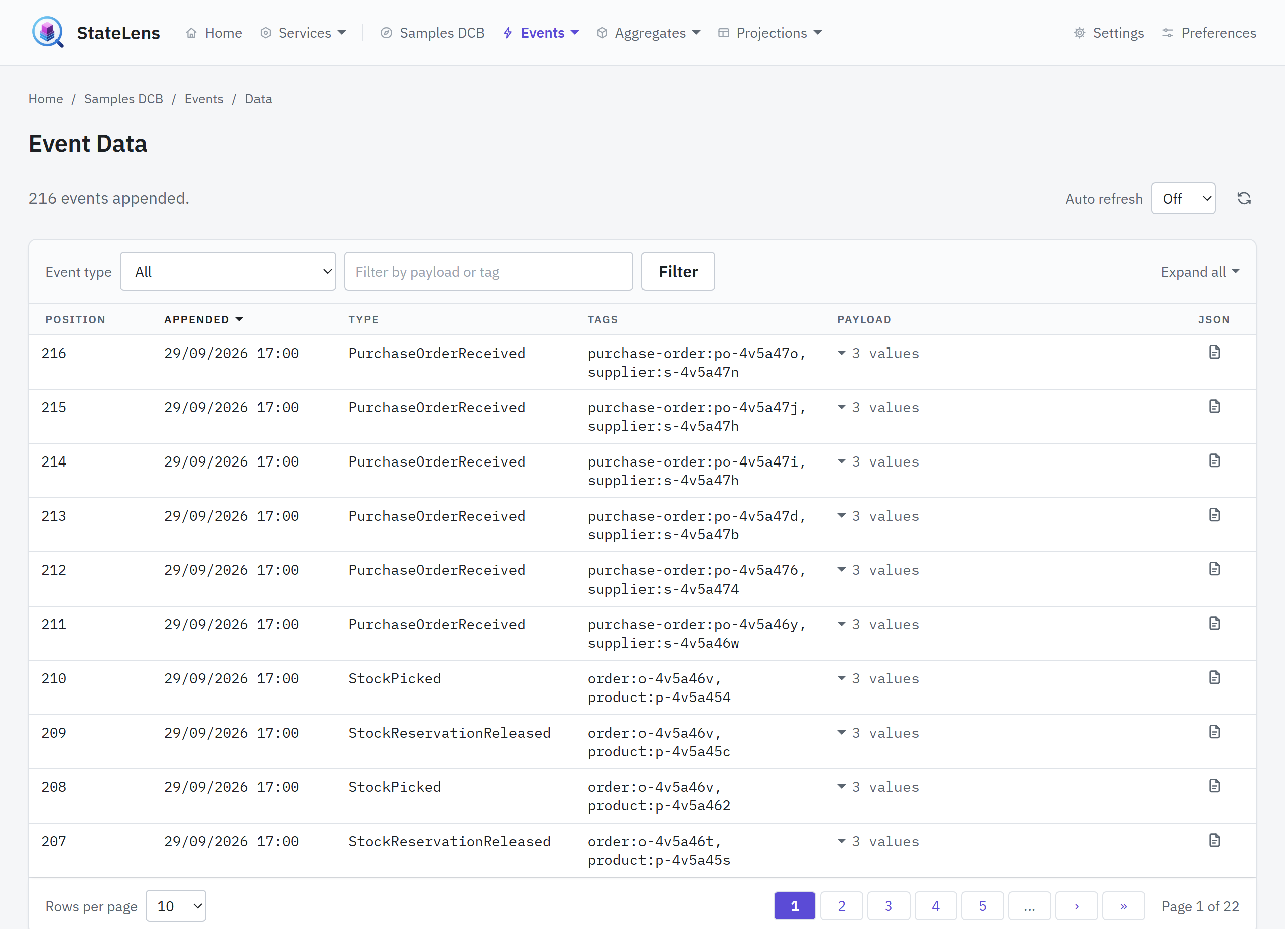 DCB event data: rows addressed by tag rather than by stream, narrowed by type or by text