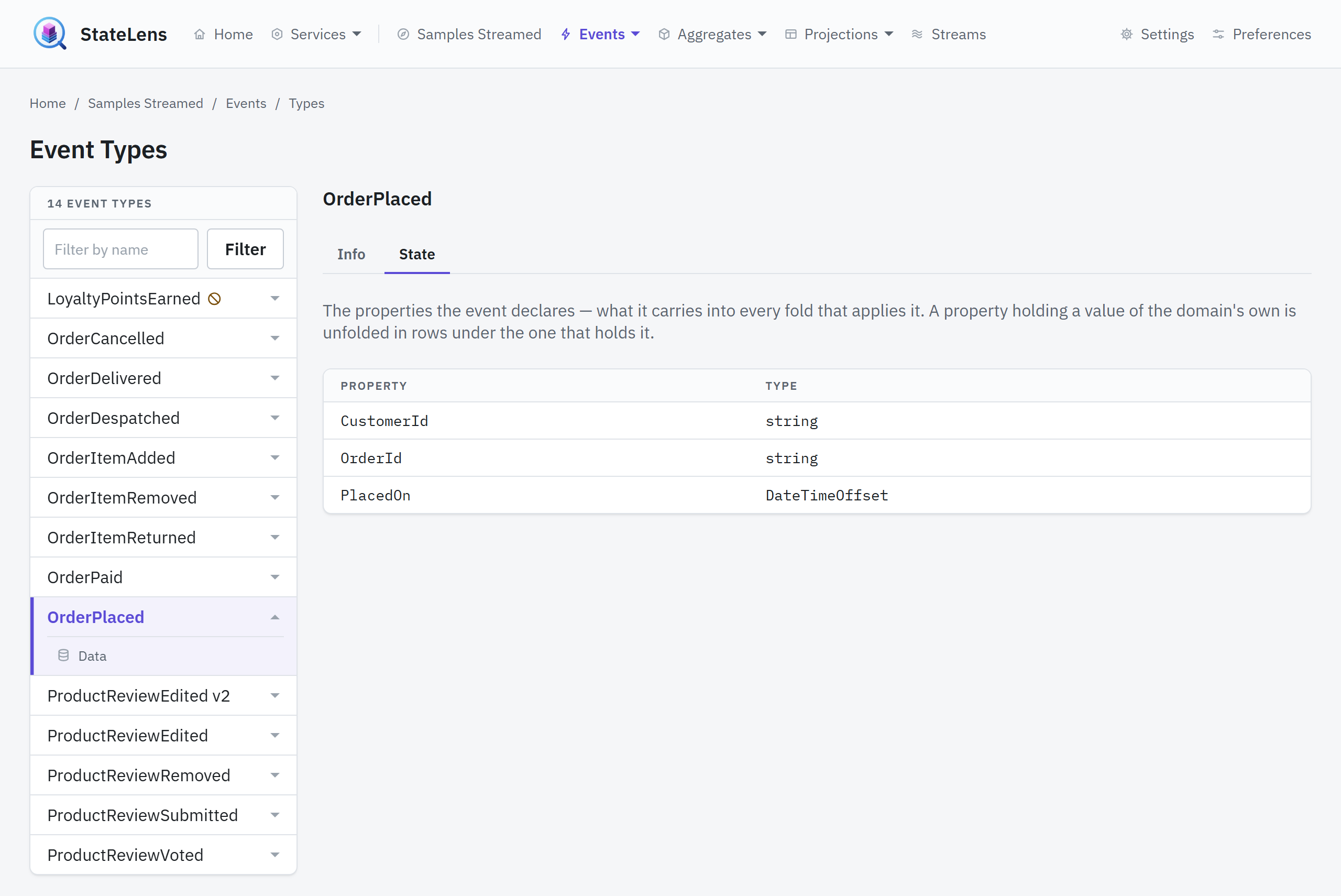 Event types: what the streamed model declares, and one event's properties