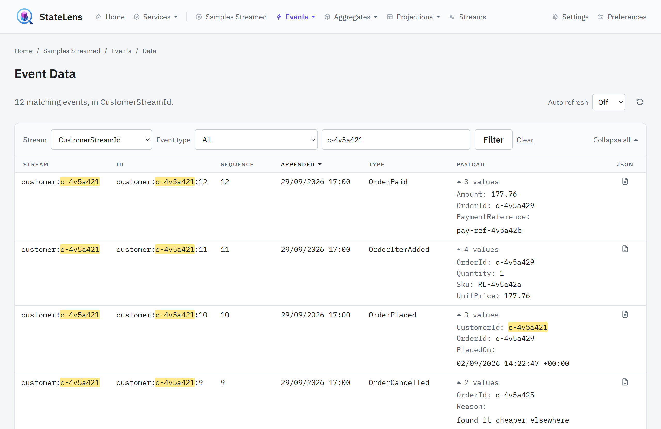 Event data: one customer's stream with every payload open, the filter's text marked