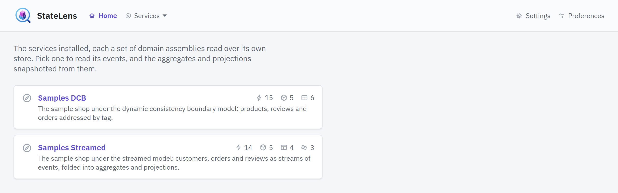 The home page: the services installed, each read over its own store