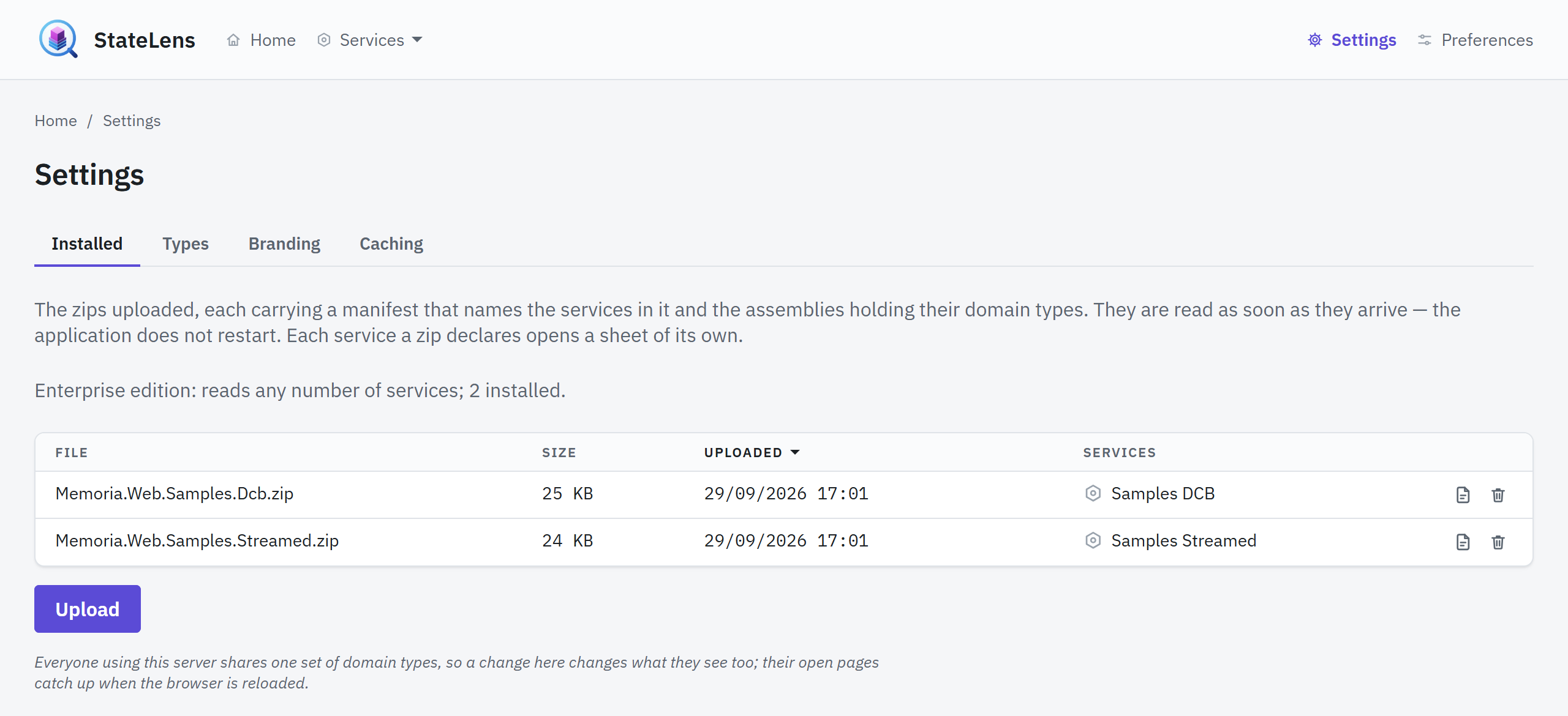 Settings: the archives installed, the services each declares, and the edition's count